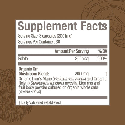 OM MUSHROOM SUPERFOOD Brain Fuel Mushroom Powder Capsules Superfood Supplement, 90 Count, 30 Days, Lion's Mane, Reishi Blend Plus Folate, Mental Clarity, Mushroom Supplement - PrimeBioHealth - canada supplements