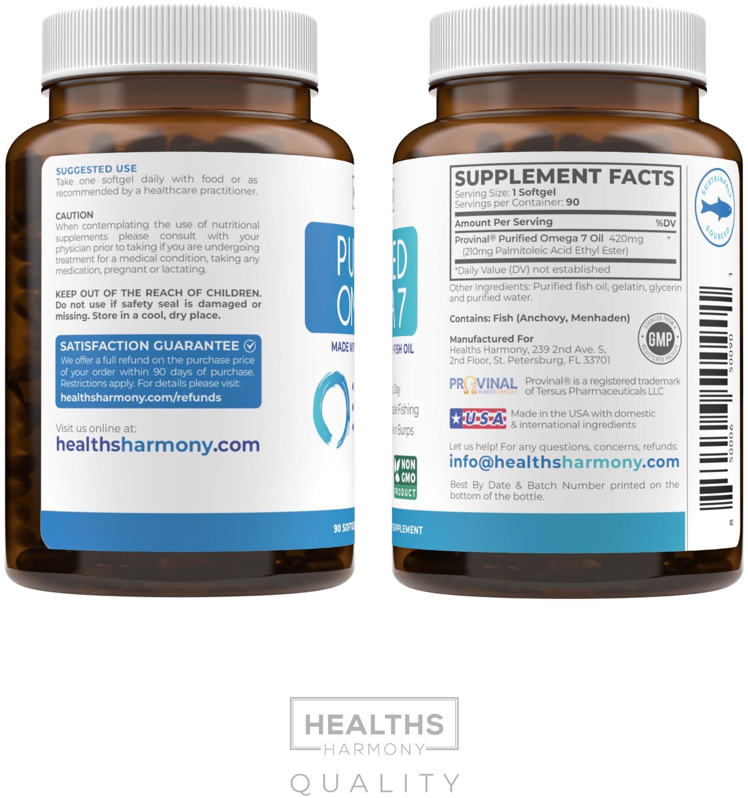 Omega 7 Supplement for Women and Men - High Potency & Purity Palmitoleic Acid Fatty Acid Fish Oil Supplement from Patented Provinal with Lowest Palmitic Acid - Sustainably Sourced (1 Month Supply) - PrimeBioHealth - canada supplements