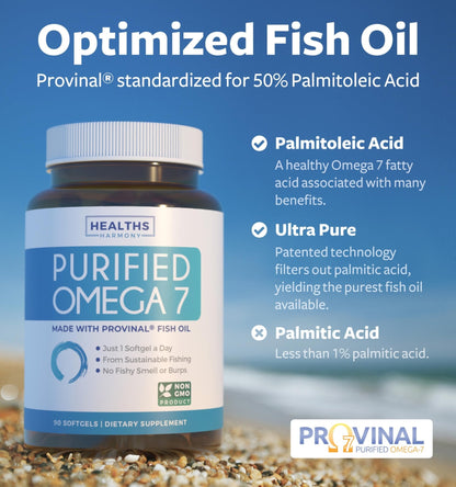 Omega 7 Supplement for Women and Men - High Potency & Purity Palmitoleic Acid Fatty Acid Fish Oil Supplement from Patented Provinal with Lowest Palmitic Acid - Sustainably Sourced (1 Month Supply) - PrimeBioHealth - canada supplements