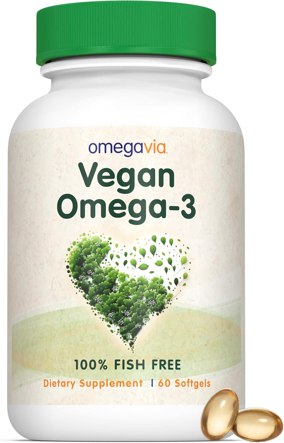 OmegaVia Vegan Omega 3 Supplement, Algae Omega 3 Fish Oil Alternative, 300mg Vegan DHA Fatty Acids, Plant Based, Planet and Ocean Friendly, IAOS 5 Star Tested, 60 Softgels - PrimeBioHealth - canada supplements