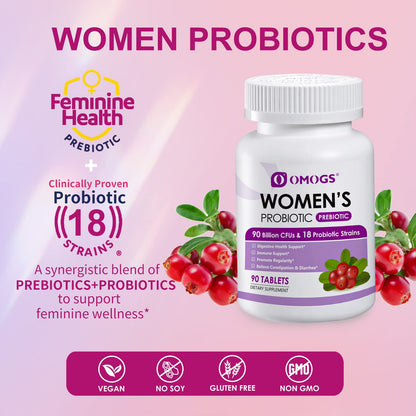 OMOGS Women's Probiotic, with Cranberry Extract, Organic Prebiotics & Vitamin C, 90 Billion CFUs,18 Strains, Help for Boost Immune, Digestive, Gut Health & Women's Health - PrimeBioHealth - canada supplements