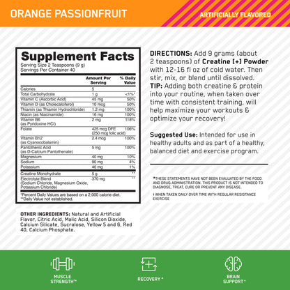 Optimum Nutrition Creatine Monohydrate Plus Powder, Orange Passionfruit Flavored Creatine Performance Blend With Electrolytes for Hydration, Added Vitamins, 40 Servings, 360 Grams (Packaging May Vary) - PrimeBioHealth - canada supplements