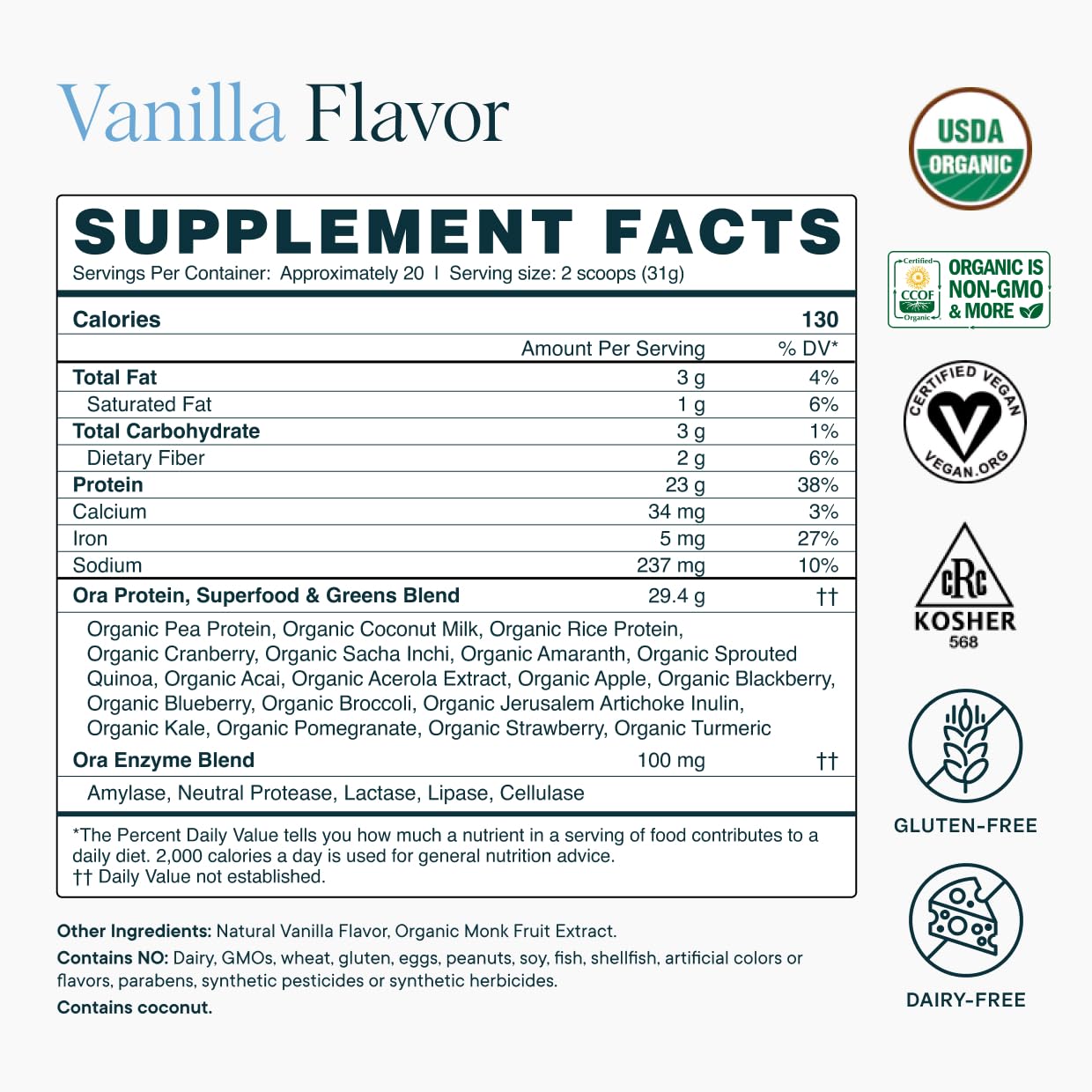 Ora Organic Plant-Based Protein Powder - 23g Protein for Women and Men - Vanilla Flavor 20 Servings, Vegan, Clean Protein - PrimeBioHealth - canada supplements
