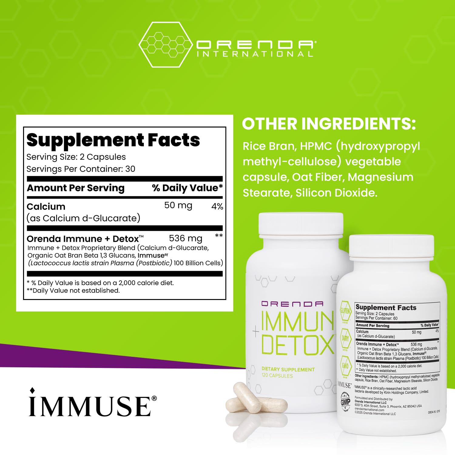 Orenda Immune + Detox - Specialized Formula with Calcium d-Glucarate, Beta 1,3 Glucans & IMMUSE® for Wellness and Balance - 120 Capsules - PrimeBioHealth - canada supplements