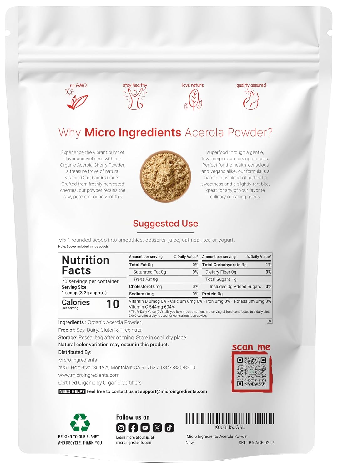 Organic Acerola Powder, 8oz | Natural Organic Vitamin C Superfood | No Sugar & Additives | Great Flavor for Drinks, Smoothie, & Beverages | Non-GMO & Vegan Friendly, Brazil Origin - PrimeBioHealth - canada supplements