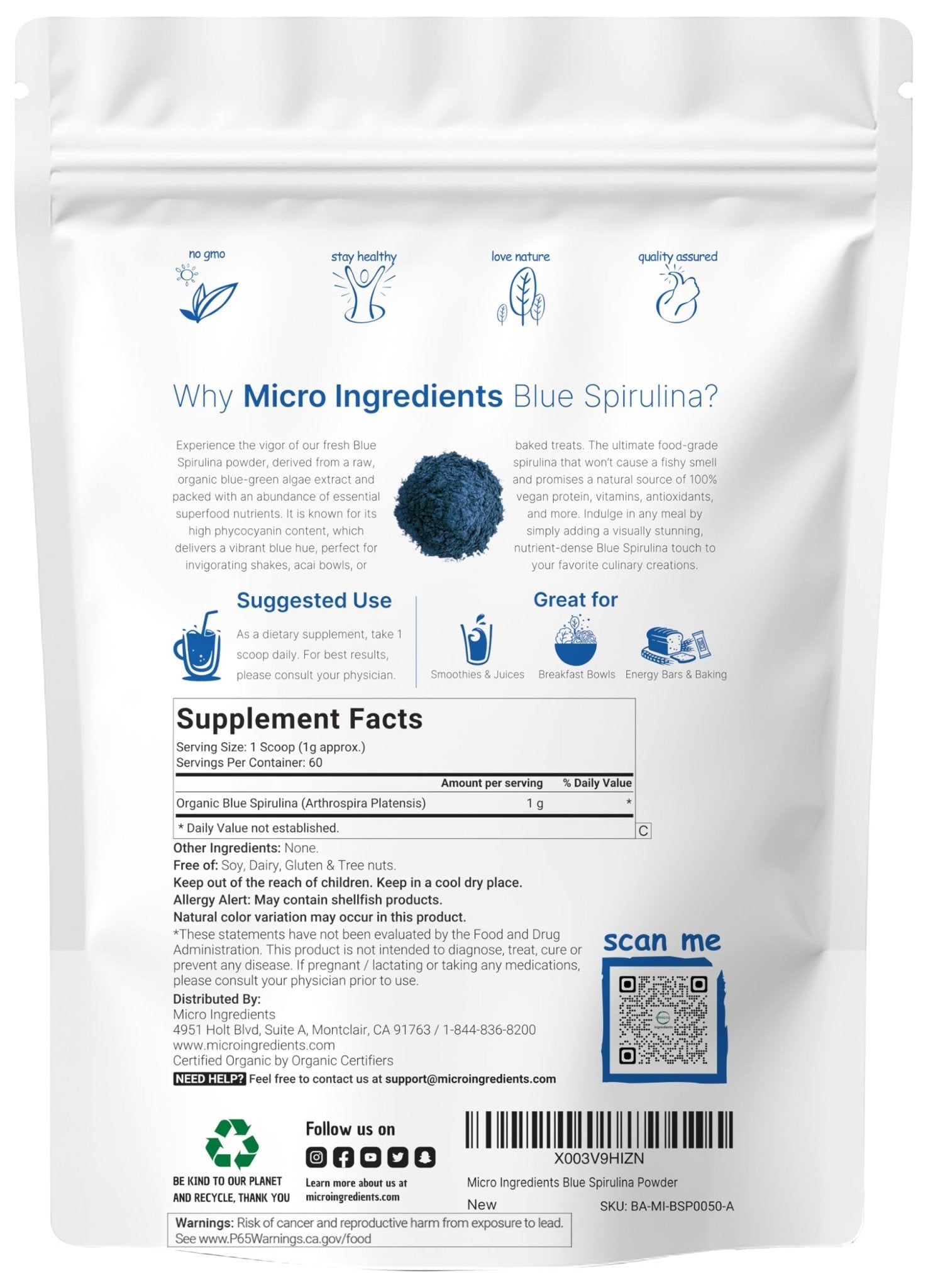 Organic Blue Spirulina Powder (Phycocyanin Extract), 30 Servings - No Fishy Smell, 100% Vegan Protein from Blue-Green Algae, Natural Luminous Food Coloring for Smoothies, Baking, Drinks & Cooking - PrimeBioHealth - canada supplements