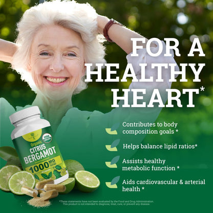 Organic Citrus Bergamot Supplement - Only USDA, Cardiologist Formulated with 200+ Scientific Studies -1000mg - Patented Extract, Heart, Cholesterol, - PrimeBioHealth - canada supplements