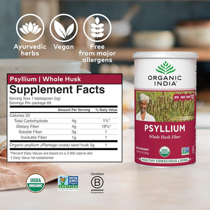 ORGANIC INDIA Psyllium Herbal Powder - Whole Husk Fiber, Vegan, Gluten-Free, USDA Certified Organic, Non-GM - PrimeBioHealth - canada supplements