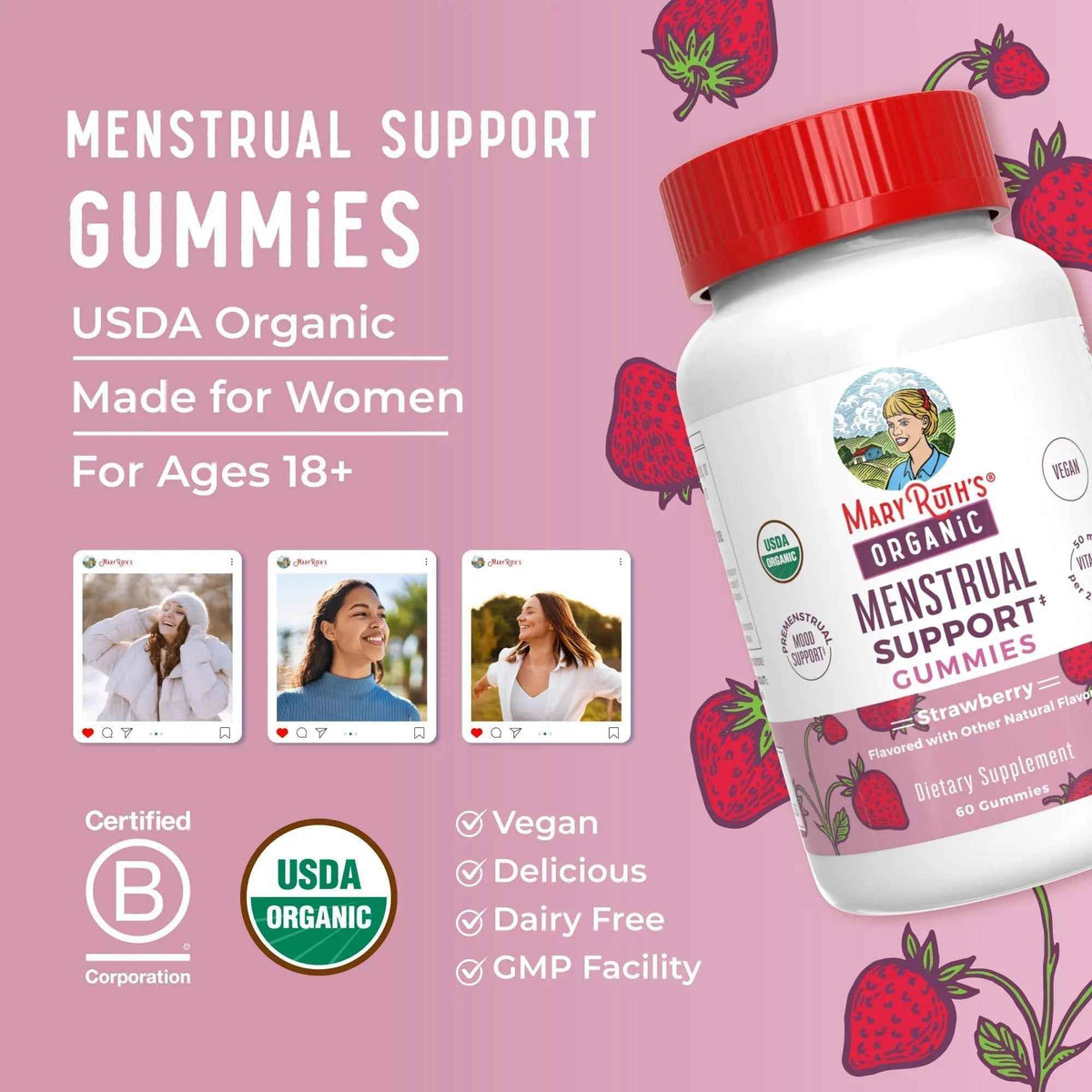 Organic Menstrual Support Gummies by MaryRuth's | for The Relief of Common Symptoms of Premenstrual Syndrome | PMS Support | Premenstrual Mood Support | USDA Organic | Non-GMO | Vegan | 30 Servings