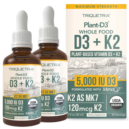 Organic Plant D3 + K2 | 5000 iu D3 + 120 mcg K2 as All-Trans MK7 from MenaQ7® - 100% Whole Food, Raw & Vegan | Enhanced Digestion with Prebiotic & Superfood Complex – D3 from Organic Algae (60 Count) - PrimeBioHealth - canada supplements