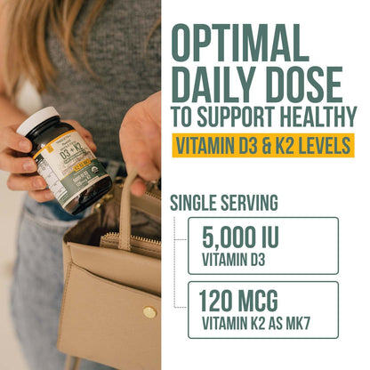 Organic Plant D3 + K2 | 5000 iu D3 + 120 mcg K2 as All-Trans MK7 from MenaQ7® - 100% Whole Food, Raw & Vegan | Enhanced Digestion with Prebiotic & Superfood Complex – D3 from Organic Algae (60 Count) - PrimeBioHealth - canada supplements