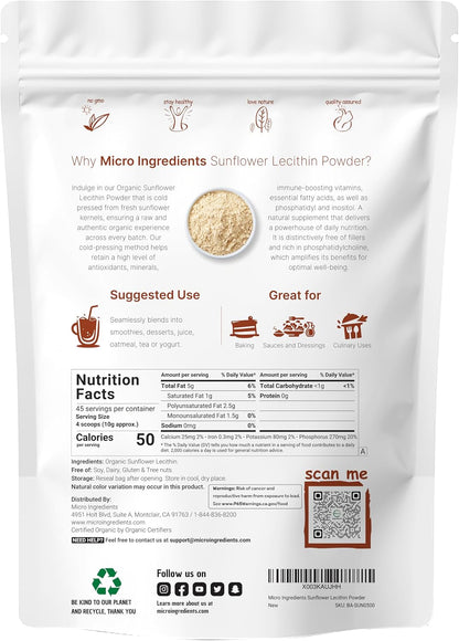 Organic Sunflower Lecithin Powder, 1 Pound, Sustainable Farmed, Cold Pressed, Rich in Phosphatidyl Choline and Protein, Making Liposomal Vitamin C, Lactation Supplement, Non-GMO - PrimeBioHealth - canada supplements