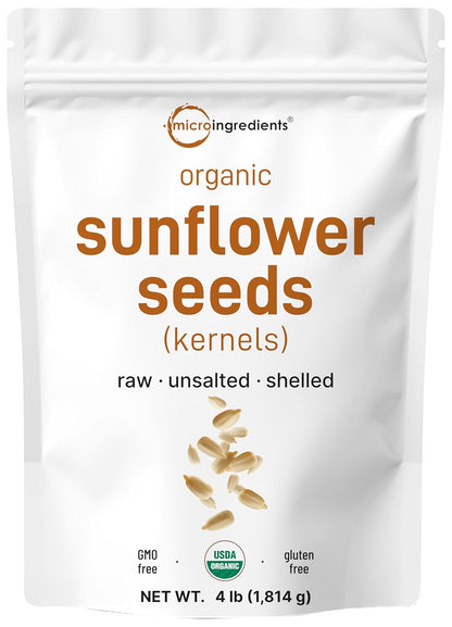 Organic Sunflower Seeds, 4lbs | Raw, Unsalted, & Shelled – Whole Kernels | Low Carb Snack | Great for Baking, Smoothies, & Salad Toppings | Non-GMO, Vegan, Plant Based - PrimeBioHealth - canada supplements