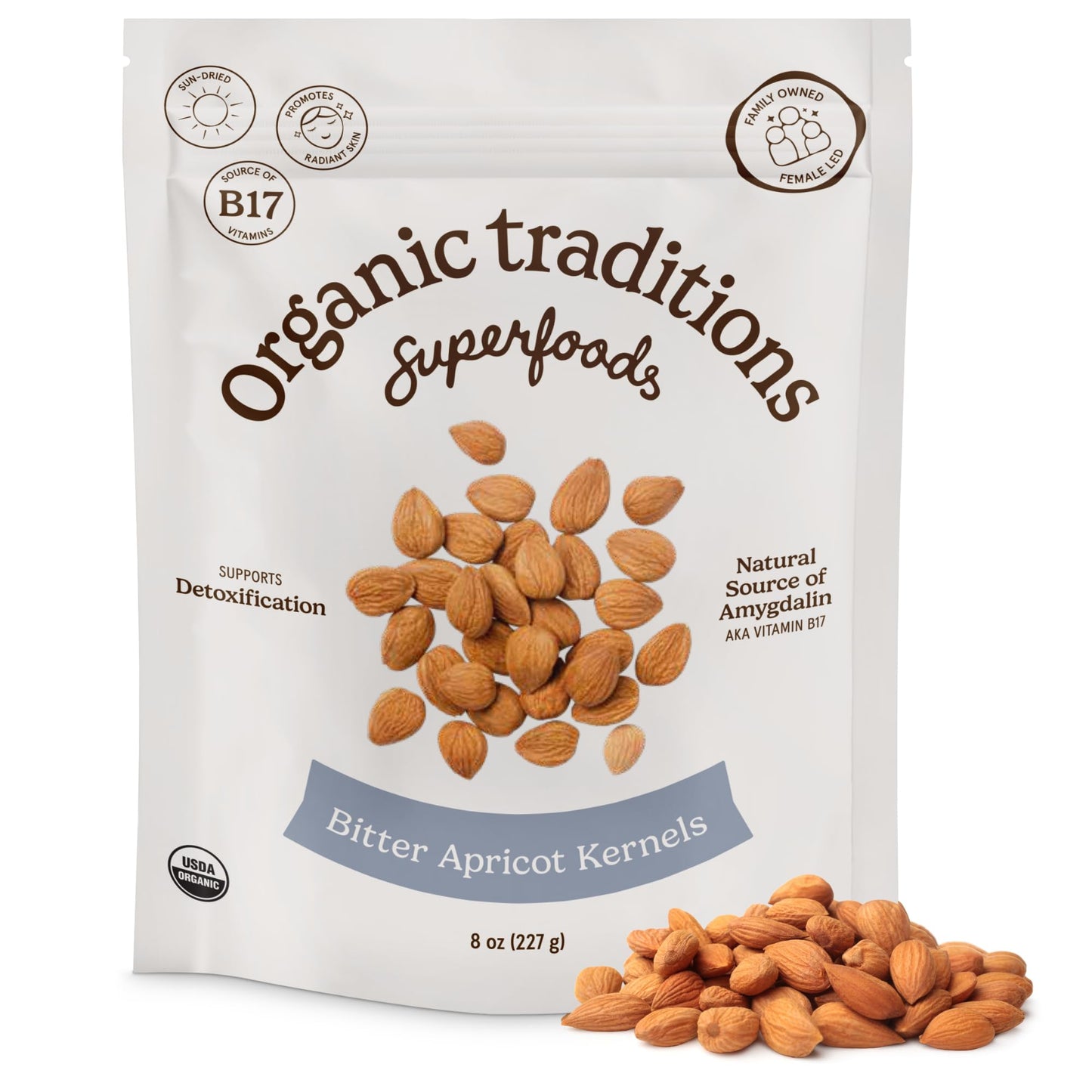 Organic Traditions Apricot Kernels, Organic Apricot Seeds, Sundried Sweet and Bitter Taste, Vegan, Source of Vitamin B17, Non GMO, Whole Foods Delivery, Plant Based for Snacking and Blending, 8 oz - PrimeBioHealth - canada supplements