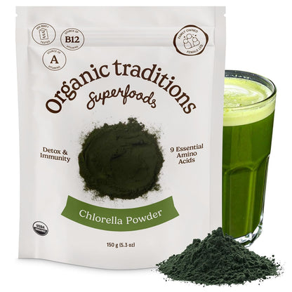 Organic Traditions Chlorella Powder, Broken Cell Wall Algae with Plant Based Protein, Essential Amino Acids, Chlorophyll & Nutrients, Eenergy Drink, Non GMO Superfood for Daily Blends, 150g/5.3oz Bag - PrimeBioHealth - canada supplements
