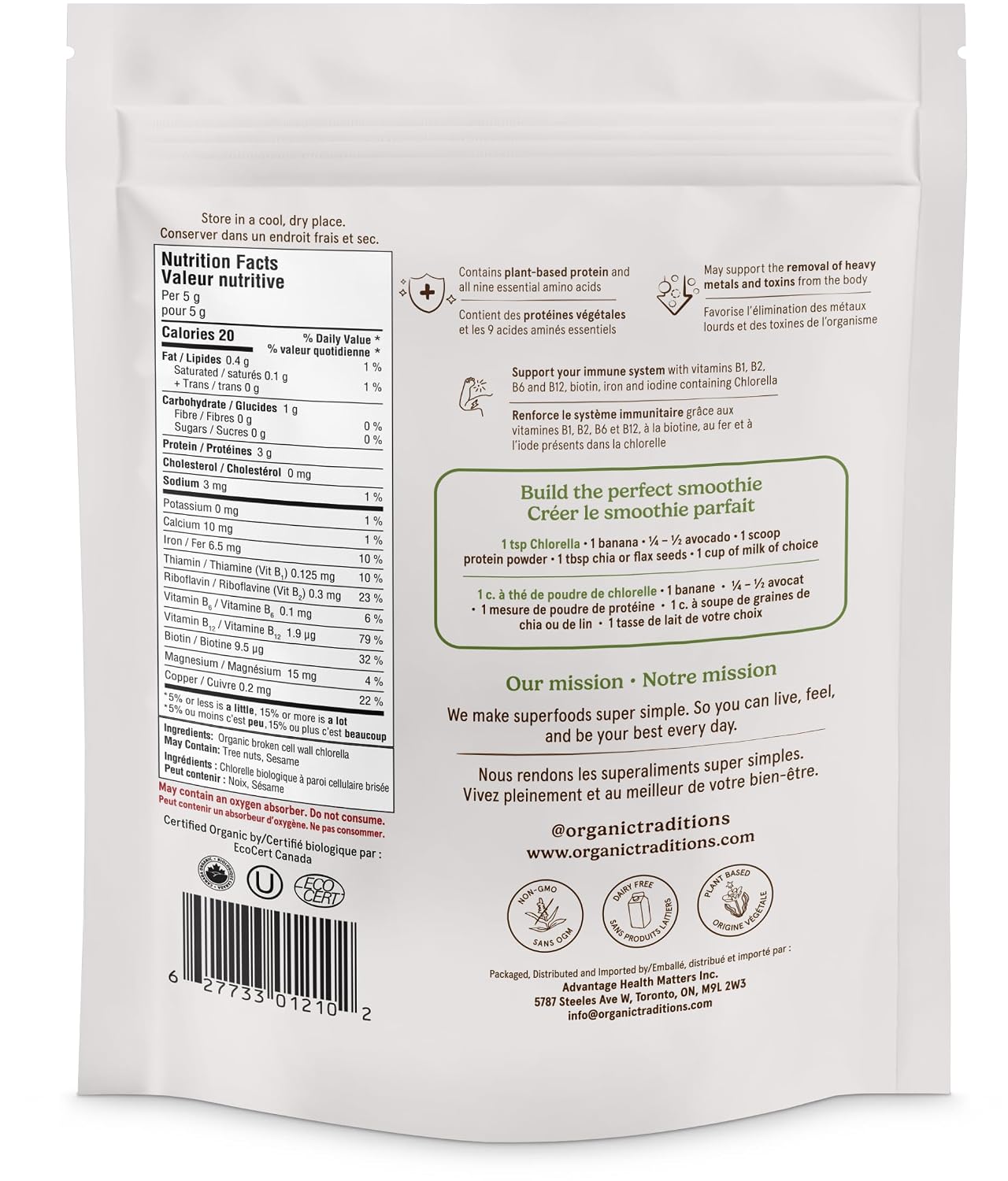 Organic Traditions Chlorella Powder, Broken Cell Wall Algae with Plant Based Protein, Essential Amino Acids, Chlorophyll & Nutrients, Eenergy Drink, Non GMO Superfood for Daily Blends, 150g/5.3oz Bag - PrimeBioHealth - canada supplements