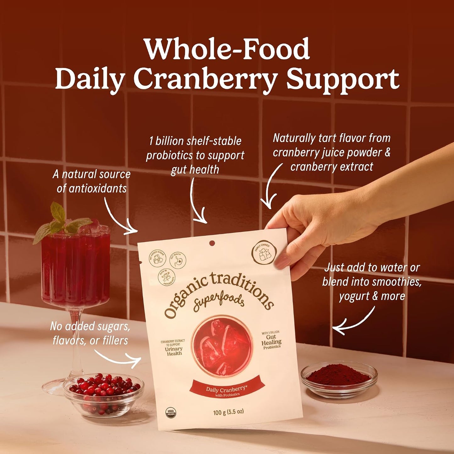 Organic Traditions Cranberry Powder, Organic Cranberry Juice Powder with Cranberries and Probiotics, No Added Sugar, Plant-Based Powder for Smoothies and Recipes, Vegan Non-GMO, 100g / 3.5oz Bag - PrimeBioHealth - canada supplements
