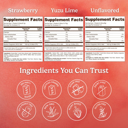 Organic Traditions Fiber Flow Variety Pack, Daily Fiber Supplement Sticks with Acacia, Chicory Root Inulin, One Billion CFU Probiotics, Mixed Flavors Strawberry Yuzu Lime Unflavoured, 12 Count - PrimeBioHealth - canada supplements