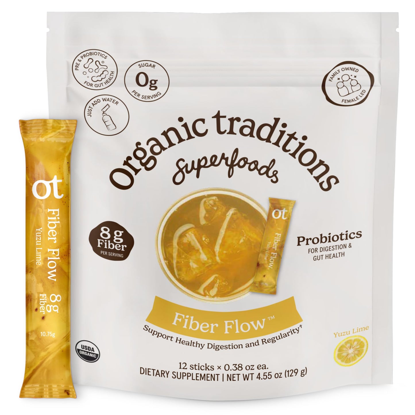 Organic Traditions Fiber Flow Variety Pack, Daily Fiber Supplement Sticks with Acacia, Chicory Root Inulin, One Billion CFU Probiotics, Mixed Flavors Strawberry Yuzu Lime Unflavoured, 12 Count - PrimeBioHealth - canada supplements