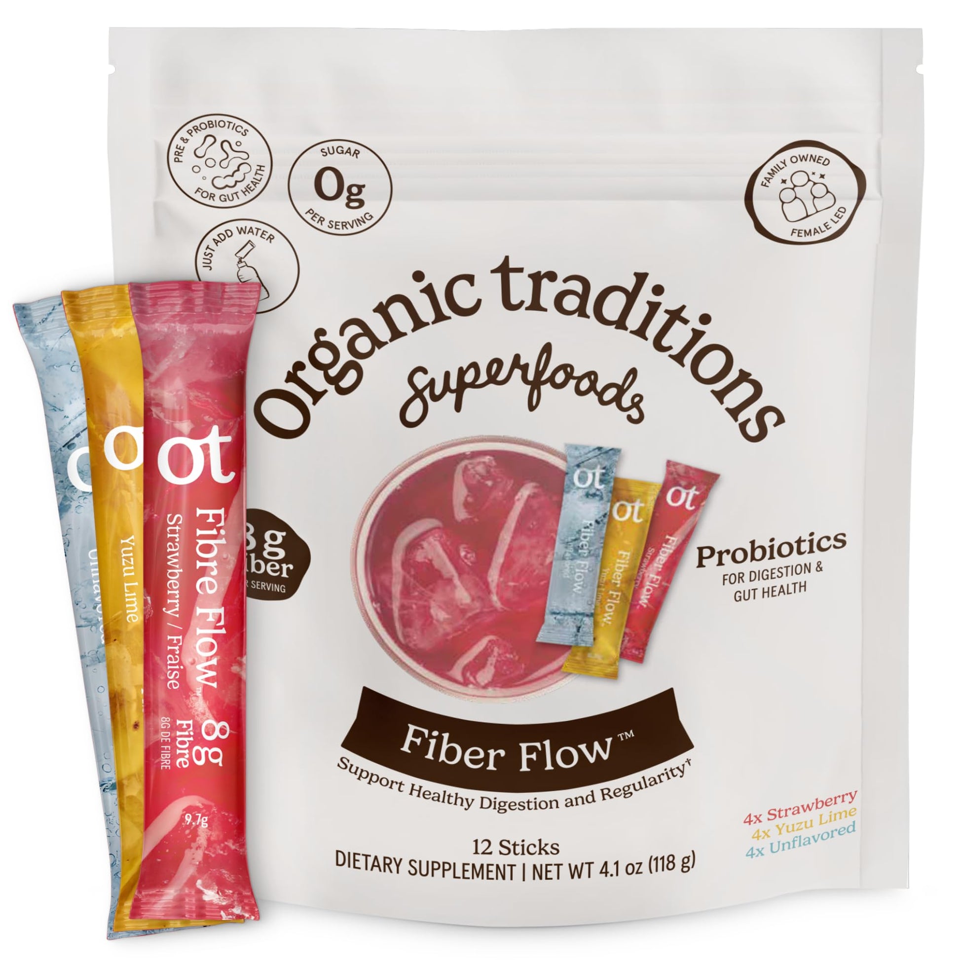 Organic Traditions Fiber Flow Variety Pack, Daily Fiber Supplement Sticks with Acacia, Chicory Root Inulin, One Billion CFU Probiotics, Mixed Flavors Strawberry Yuzu Lime Unflavoured, 12 Count - PrimeBioHealth - canada supplements