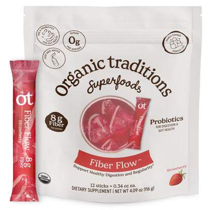 Organic Traditions Fiber Flow Variety Pack, Daily Fiber Supplement Sticks with Acacia, Chicory Root Inulin, One Billion CFU Probiotics, Mixed Flavors Strawberry Yuzu Lime Unflavoured, 12 Count - PrimeBioHealth - canada supplements