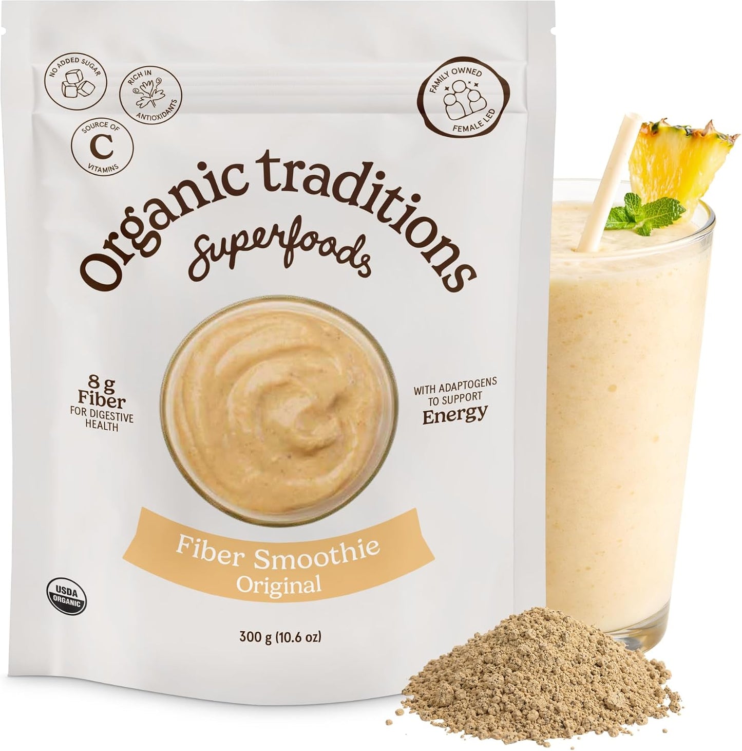 Organic Traditions Fiber Smoothie Original, Prebiotic Supplement with Chia, Flax, Chia, Flax, Psyllium, Acacia, Vitamin C and Superfood Blend, High Fiber Supplement for Digestive Health, 300g / 10.6oz - PrimeBioHealth - canada supplements
