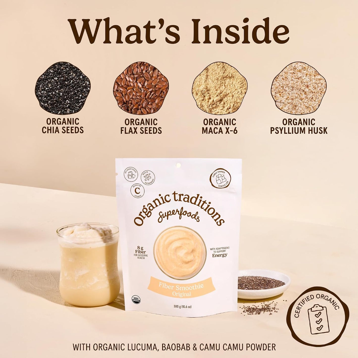 Organic Traditions Fiber Smoothie Original, Prebiotic Supplement with Chia, Flax, Chia, Flax, Psyllium, Acacia, Vitamin C and Superfood Blend, High Fiber Supplement for Digestive Health, 300g / 10.6oz - PrimeBioHealth - canada supplements