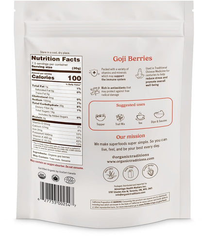 Organic Traditions Goji Berries, Organic Dried Whole Superfruit, Naturally Sweet Berry Flavor With Vitamins, Minerals And Antioxidants, Superfood and Snack For Tea,And Everyday Recipes, 227g / 8oz - PrimeBioHealth - canada supplements