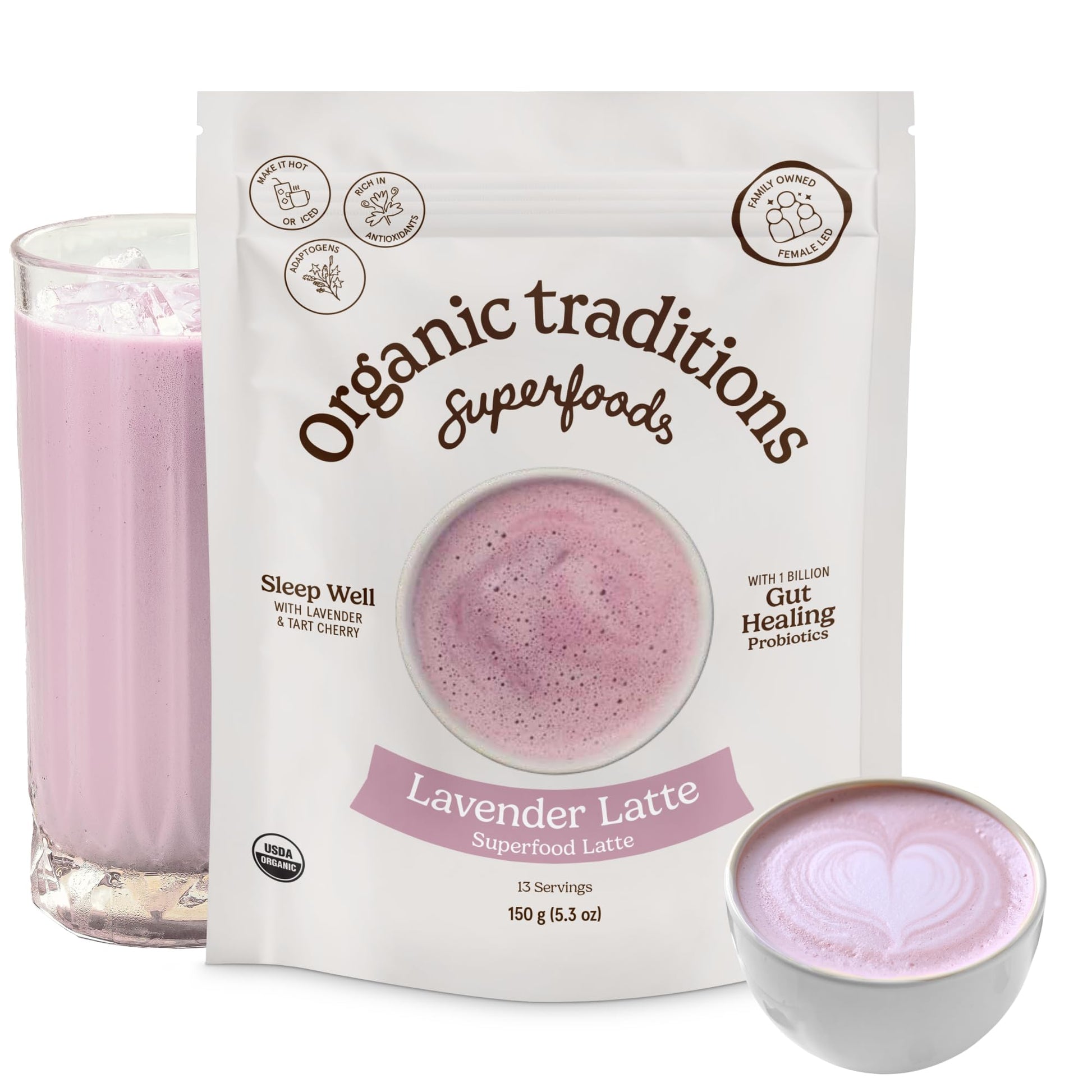 Organic Traditions Lavender Latte Calming Drink Mix, Caffeine Free Latte Blend with Lavender Powder, Tart Cherry, Probiotics, Reishi, and Ashwandha, Evening Beverage for Gentle Wind Down, 150g / 5.3oz - PrimeBioHealth - canada supplements
