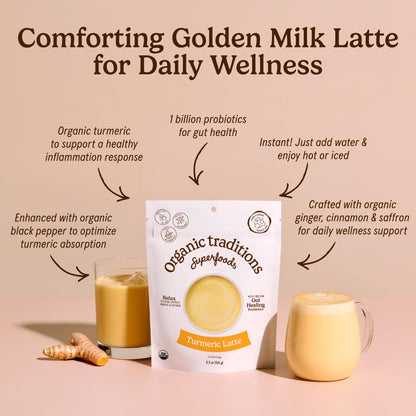 Organic Traditions Lavender Latte Calming Drink Mix, Caffeine Free Latte Blend with Lavender Powder, Tart Cherry, Probiotics, Reishi, and Ashwandha, Evening Beverage for Gentle Wind Down, 150g / 5.3oz - PrimeBioHealth - canada supplements