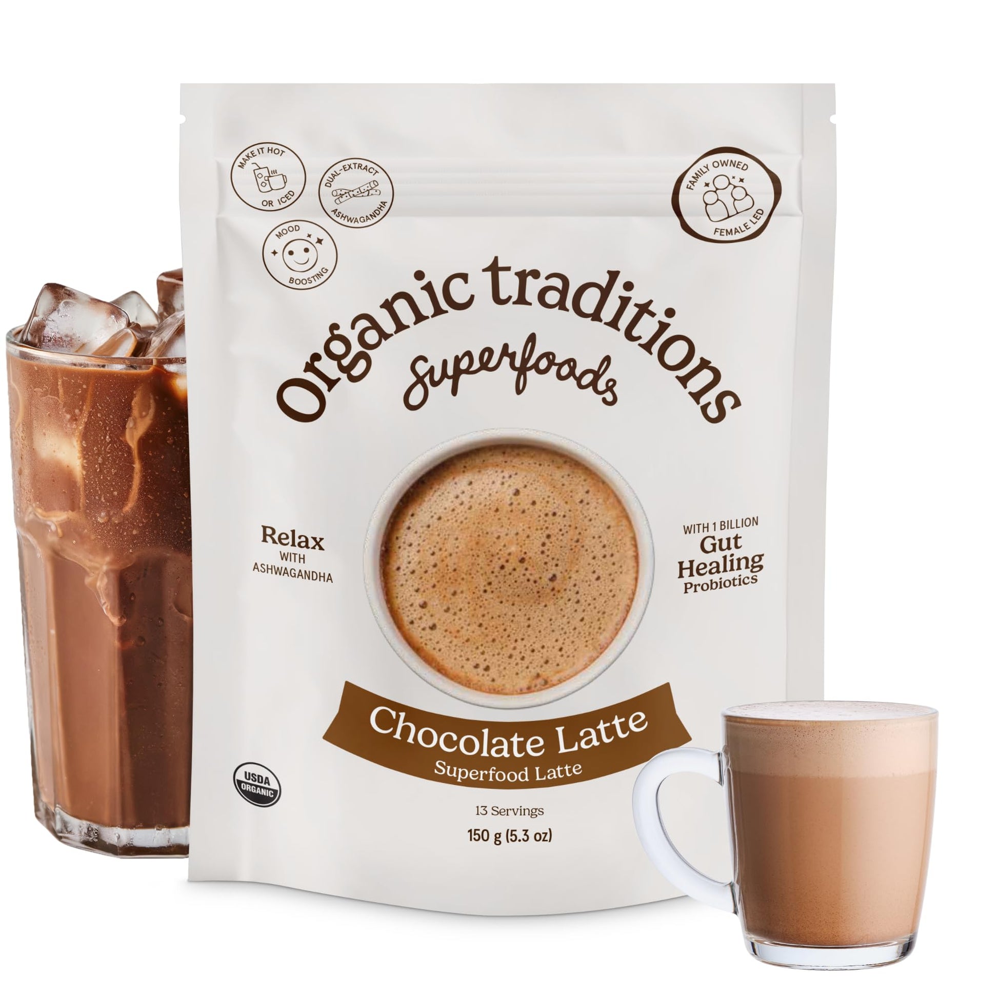 Organic Traditions Lavender Latte Calming Drink Mix, Caffeine Free Latte Blend with Lavender Powder, Tart Cherry, Probiotics, Reishi, and Ashwandha, Evening Beverage for Gentle Wind Down, 150g / 5.3oz - PrimeBioHealth - canada supplements