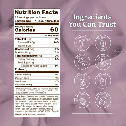 Organic Traditions Lavender Latte Calming Drink Mix, Caffeine Free Latte Blend with Lavender Powder, Tart Cherry, Probiotics, Reishi, and Ashwandha, Evening Beverage for Gentle Wind Down, 150g / 5.3oz - PrimeBioHealth - canada supplements