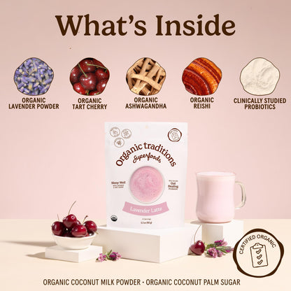 Organic Traditions Lavender Latte Calming Drink Mix, Caffeine Free Latte Blend with Lavender Powder, Tart Cherry, Probiotics, Reishi, and Ashwandha, Evening Beverage for Gentle Wind Down, 150g / 5.3oz - PrimeBioHealth - canada supplements