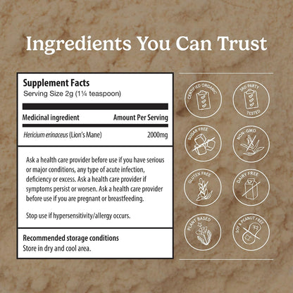 Organic Traditions Lion’s Mane Powder, Organic Full Spectrum Mushroom Powder, 2000 mg Serving for Smoothies, Wellness Drinks, Versatile Superfood Ingredient, Daily Wellness Routines, 228g / 8oz - PrimeBioHealth - canada supplements