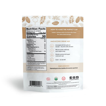 Organic Traditions Macaccino Superfood Blend, Maca Root Powder with Cacao and Coconut Palm Sugar, Coffee Alternative Drink Mix for Hot or Iced Lattes Smoothies Recipes, Plant Based Powder, 227g / 8oz - PrimeBioHealth - canada supplements
