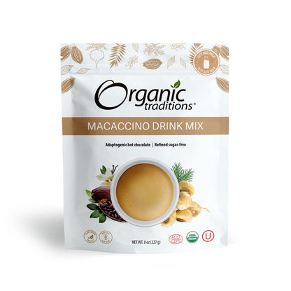 Organic Traditions Macaccino Superfood Blend, Maca Root Powder with Cacao and Coconut Palm Sugar, Coffee Alternative Drink Mix for Hot or Iced Lattes Smoothies Recipes, Plant Based Powder, 227g / 8oz - PrimeBioHealth - canada supplements