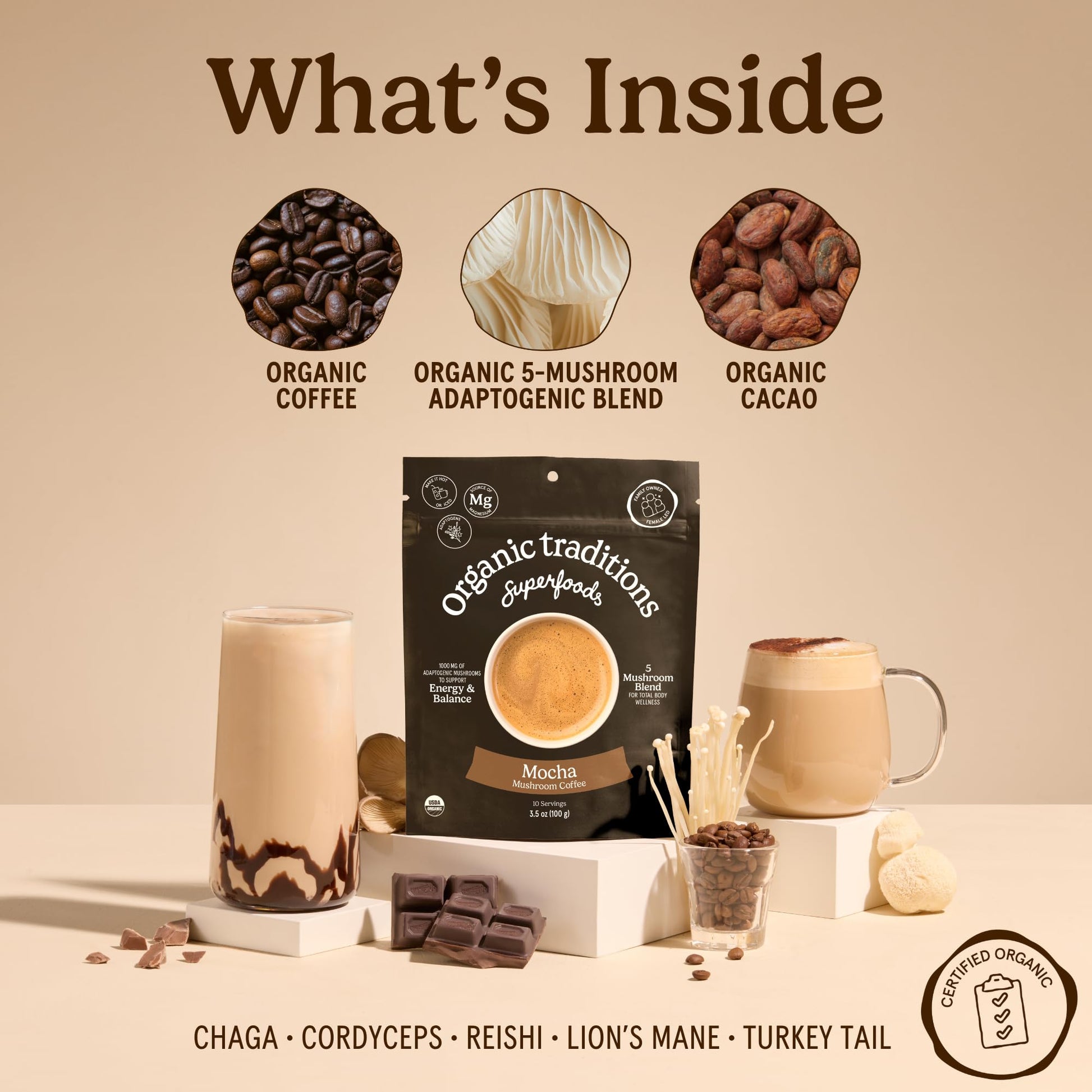 Organic Traditions Mind Fuel Instant Mushroom Coffee Alternative, Caffeine Free Lion’s Mane and Maca Herbal Drink with Dandelion, Chicory, Roasted Grain Blend, Natural Focus Support, 140g / 5oz - PrimeBioHealth - canada supplements