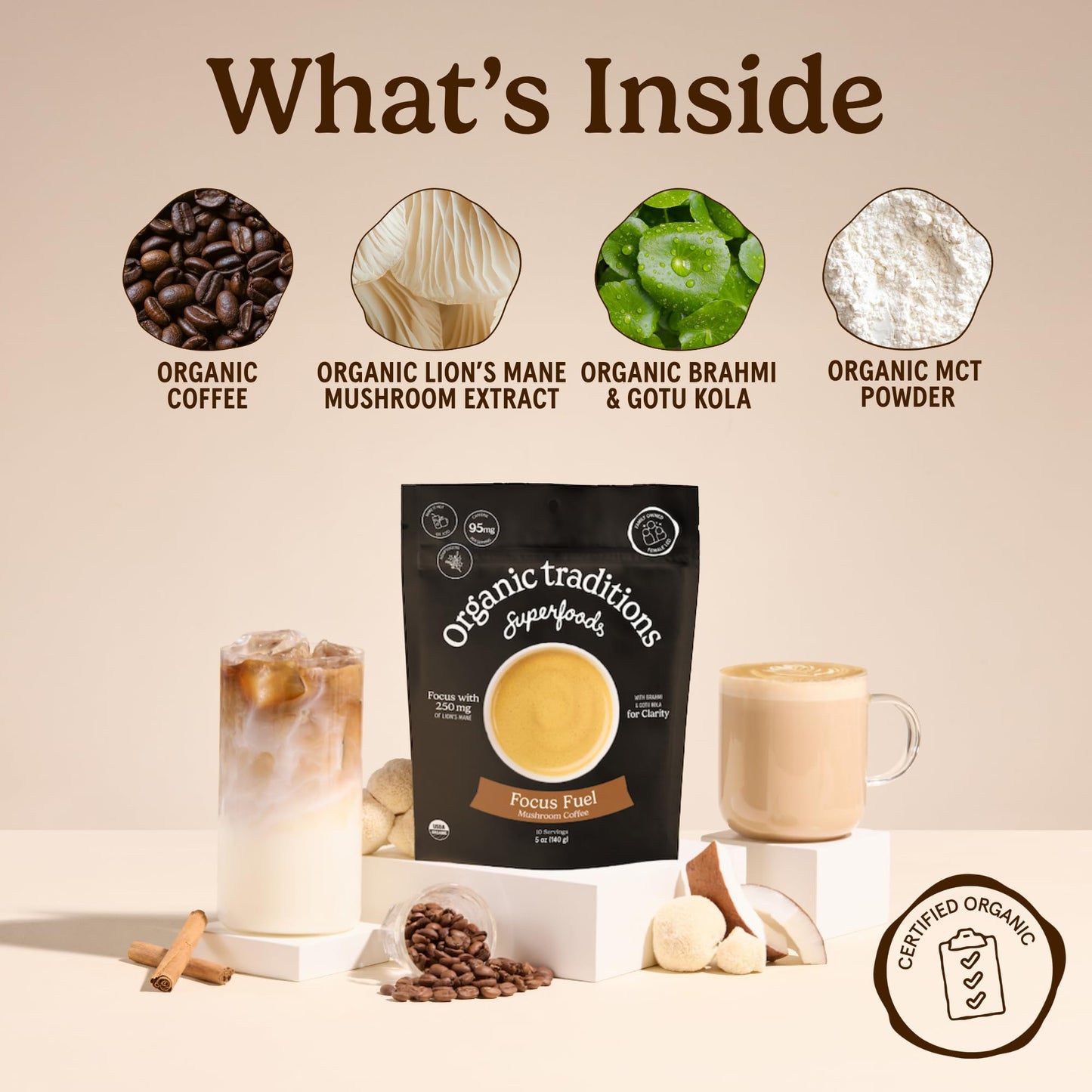 Organic Traditions Mind Fuel Instant Mushroom Coffee Alternative, Caffeine Free Lion’s Mane and Maca Herbal Drink with Dandelion, Chicory, Roasted Grain Blend, Natural Focus Support, 140g / 5oz - PrimeBioHealth - canada supplements