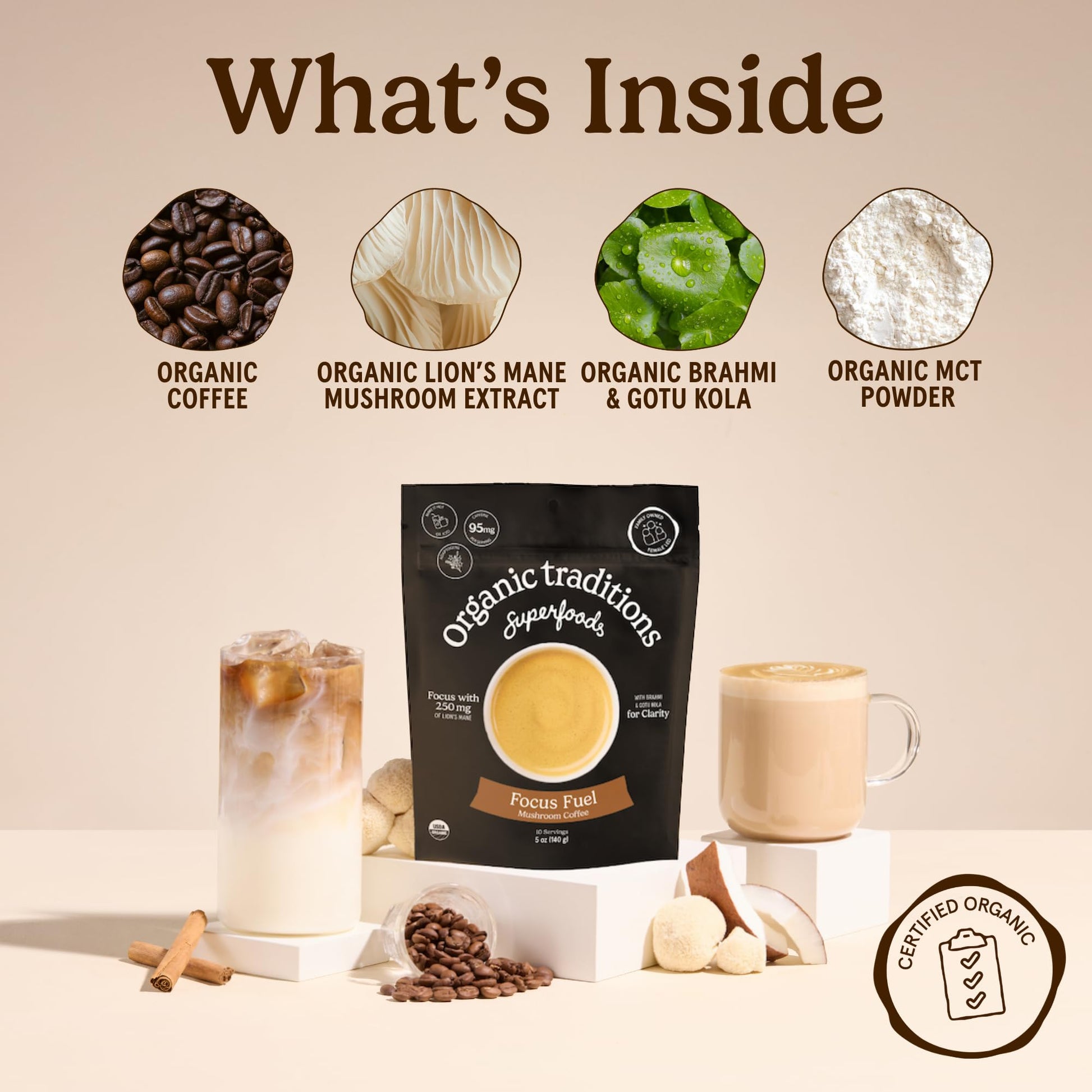 Organic Traditions Mind Fuel Instant Mushroom Coffee Alternative, Caffeine Free Lion’s Mane and Maca Herbal Drink with Dandelion, Chicory, Roasted Grain Blend, Natural Focus Support, 140g / 5oz - PrimeBioHealth - canada supplements