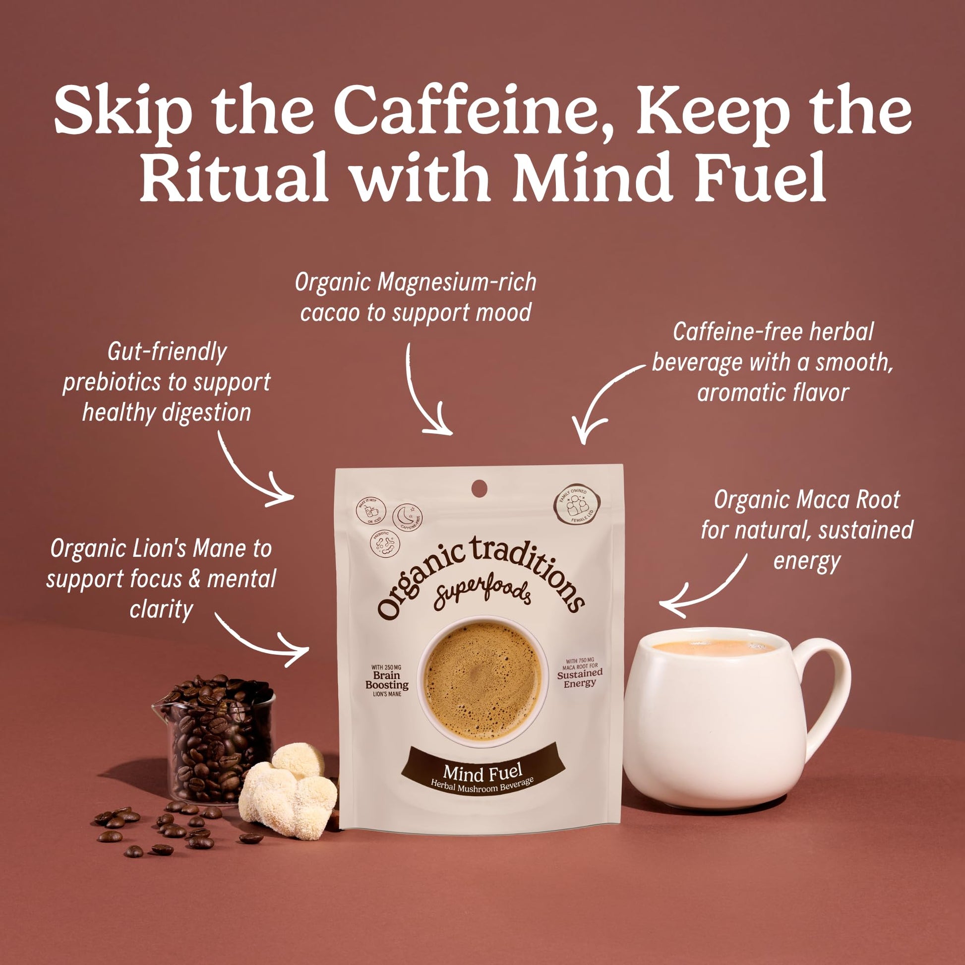 Organic Traditions Mind Fuel Instant Mushroom Coffee Alternative, Caffeine Free Lion’s Mane and Maca Herbal Drink with Dandelion, Chicory, Roasted Grain Blend, Natural Focus Support, 140g / 5oz - PrimeBioHealth - canada supplements