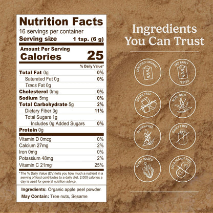 Organic Traditions Organic Apple Peel Powder, Apple Fiber Powder with Wholefood Vitamin C, Air Dried Apple Powder for Smoothies Baking Oatmeal and Recipes, Vegan Non GMO Powdered Fruit, 100g / 3.5oz - PrimeBioHealth - canada supplements