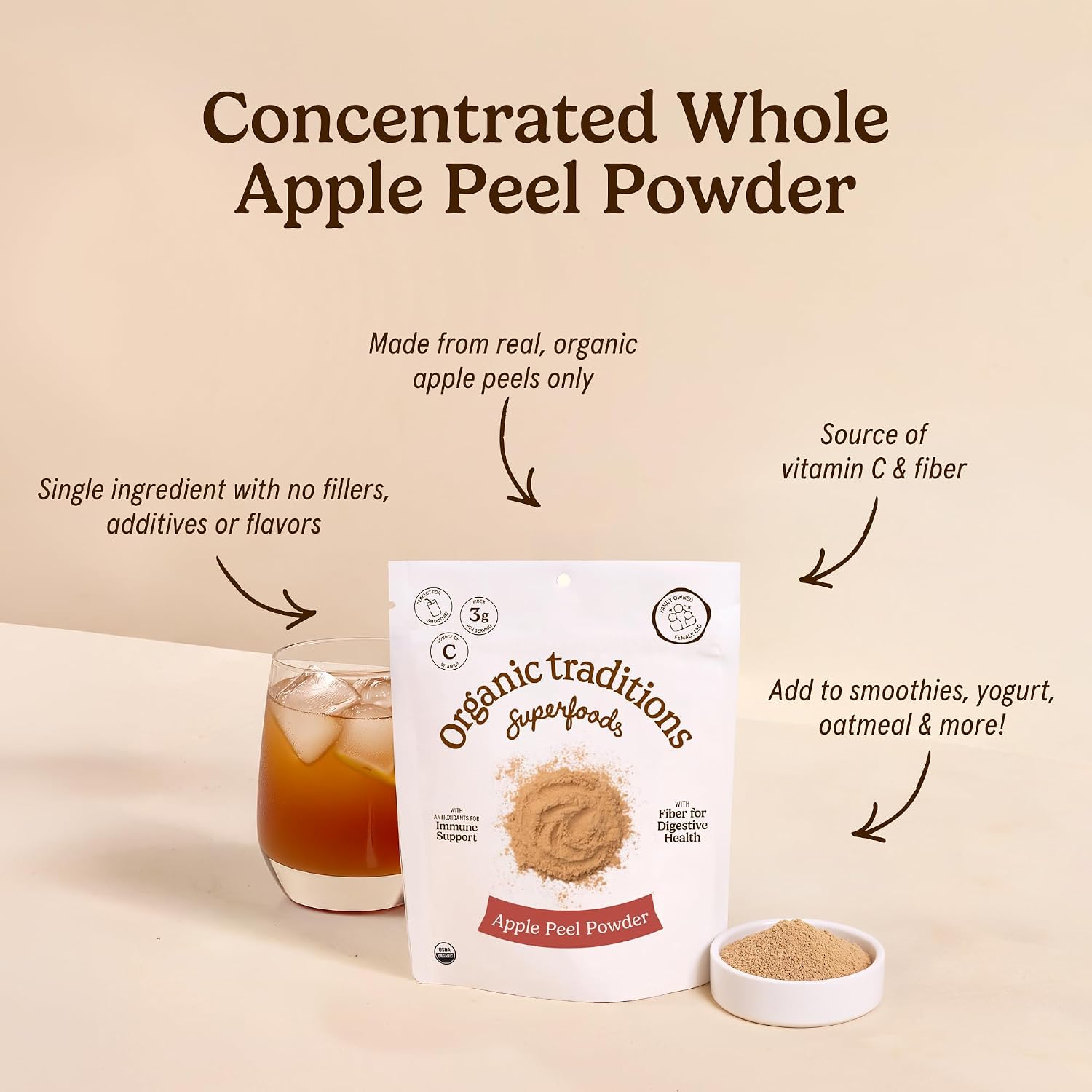 Organic Traditions Organic Apple Peel Powder, Apple Fiber Powder with Wholefood Vitamin C, Air Dried Apple Powder for Smoothies Baking Oatmeal and Recipes, Vegan Non GMO Powdered Fruit, 100g / 3.5oz - PrimeBioHealth - canada supplements