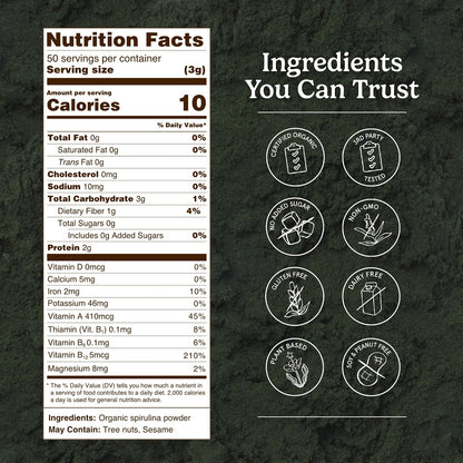 Organic Traditions Spirulina Powder Organic, Plant-Based Green Superfood for Smoothies, Rich Algae Powder for Energy Support, Easy Mixing Spirulina for Daily Wellness Routines, 150g / 5.3oz Bag - PrimeBioHealth - canada supplements
