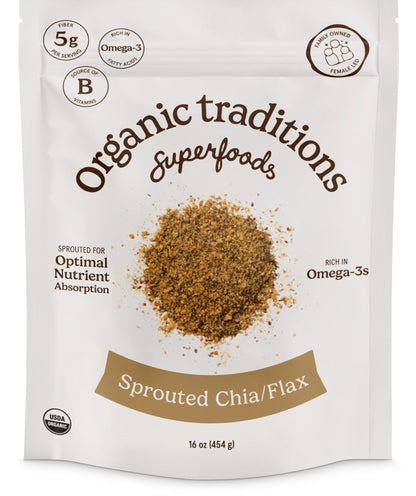 Organic Traditions Sprouted Chia and Flax Seed Powder, Organic Chia Seeds and Flax Blend for Smoothies Baking Oatmeal Egg Substitute, Plant Based Non GMO High Fiber Omega 3 Superfood, 454g / 16 oz Bag - PrimeBioHealth - canada supplements