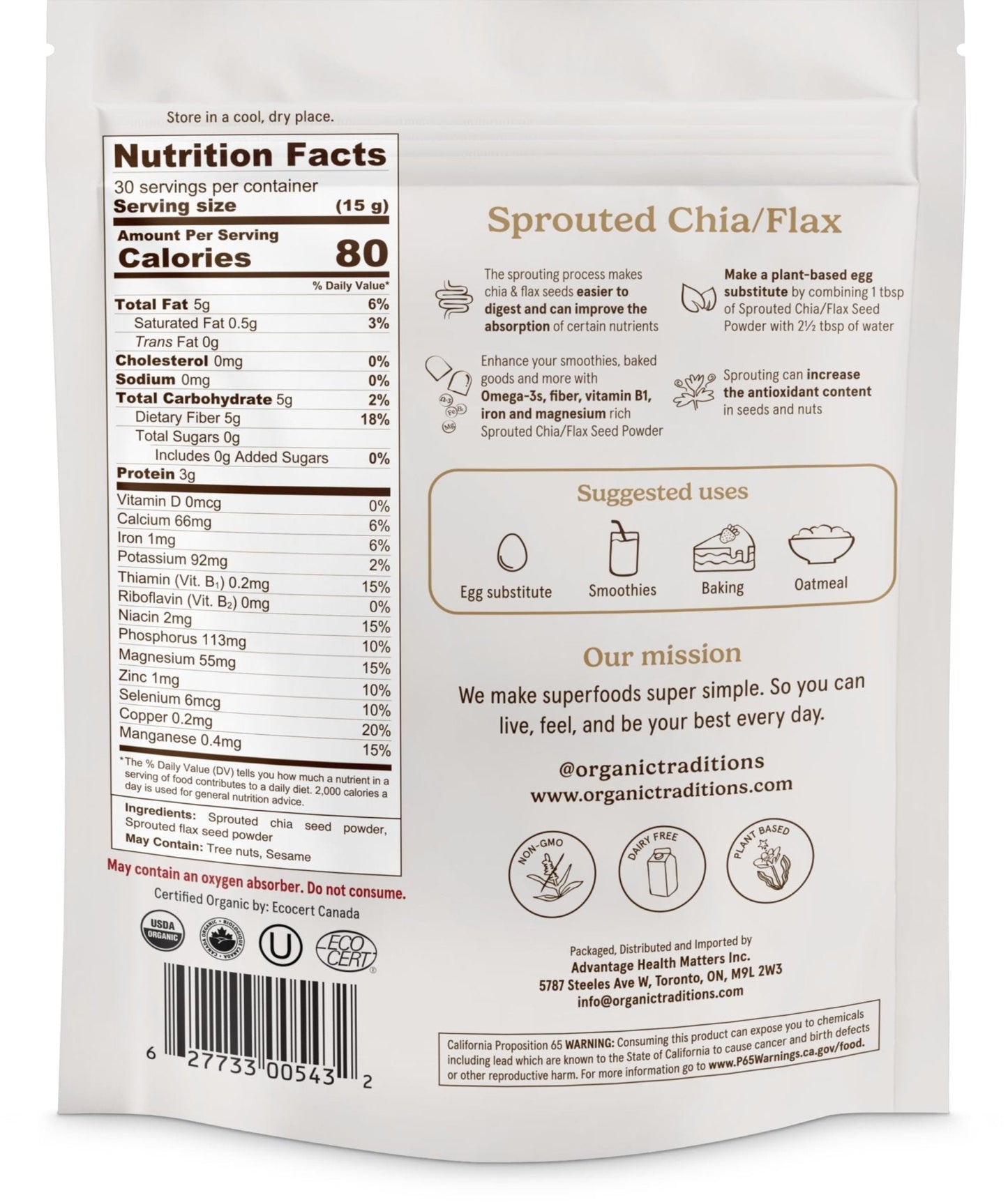 Organic Traditions Sprouted Chia and Flax Seed Powder, Organic Chia Seeds and Flax Blend for Smoothies Baking Oatmeal Egg Substitute, Plant Based Non GMO High Fiber Omega 3 Superfood, 454g / 16 oz Bag - PrimeBioHealth - canada supplements