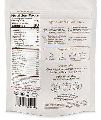 Organic Traditions Sprouted Chia and Flax Seed Powder, Organic Chia Seeds and Flax Blend for Smoothies Baking Oatmeal Egg Substitute, Plant Based Non GMO High Fiber Omega 3 Superfood, 454g / 16 oz Bag - PrimeBioHealth - canada supplements