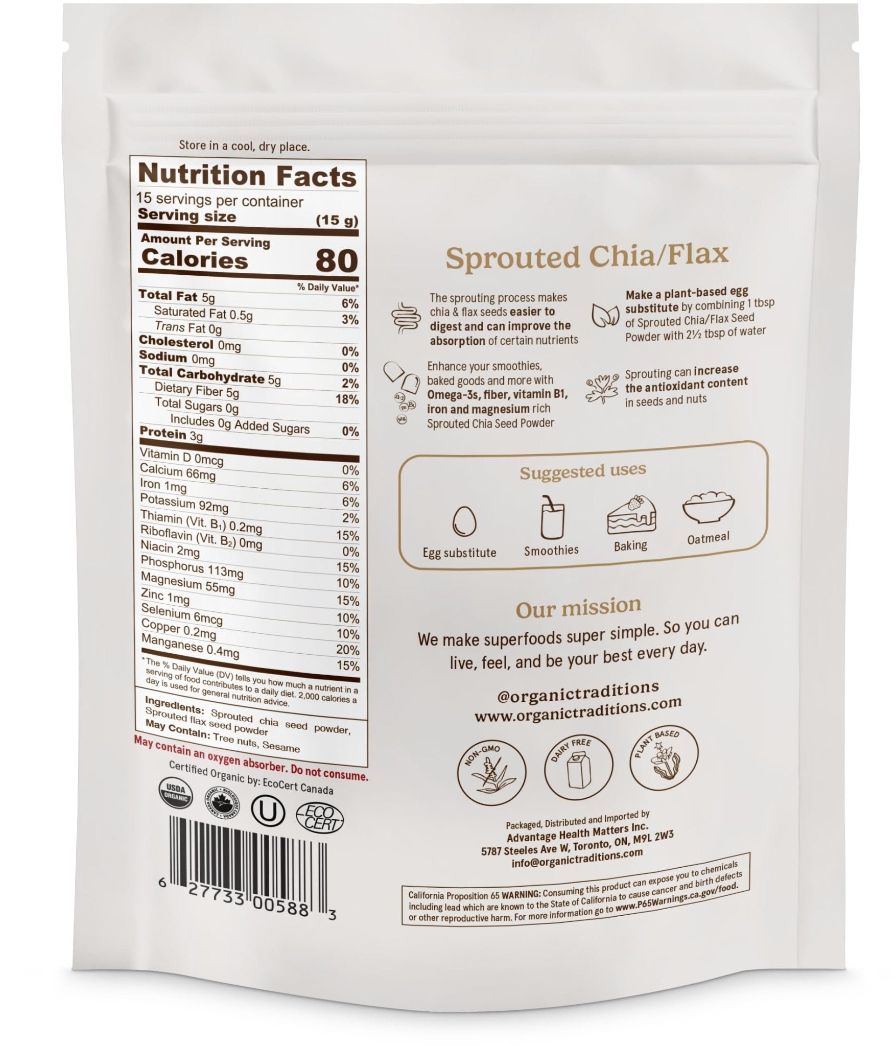 Organic Traditions Sprouted Chia and Flax Seed Powder, Organic Chia Seeds and Flax Blend for Smoothies Baking Oatmeal Egg Substitute, Plant Based Non GMO High Fiber Omega 3 Superfood, 454g / 16 oz Bag - PrimeBioHealth - canada supplements
