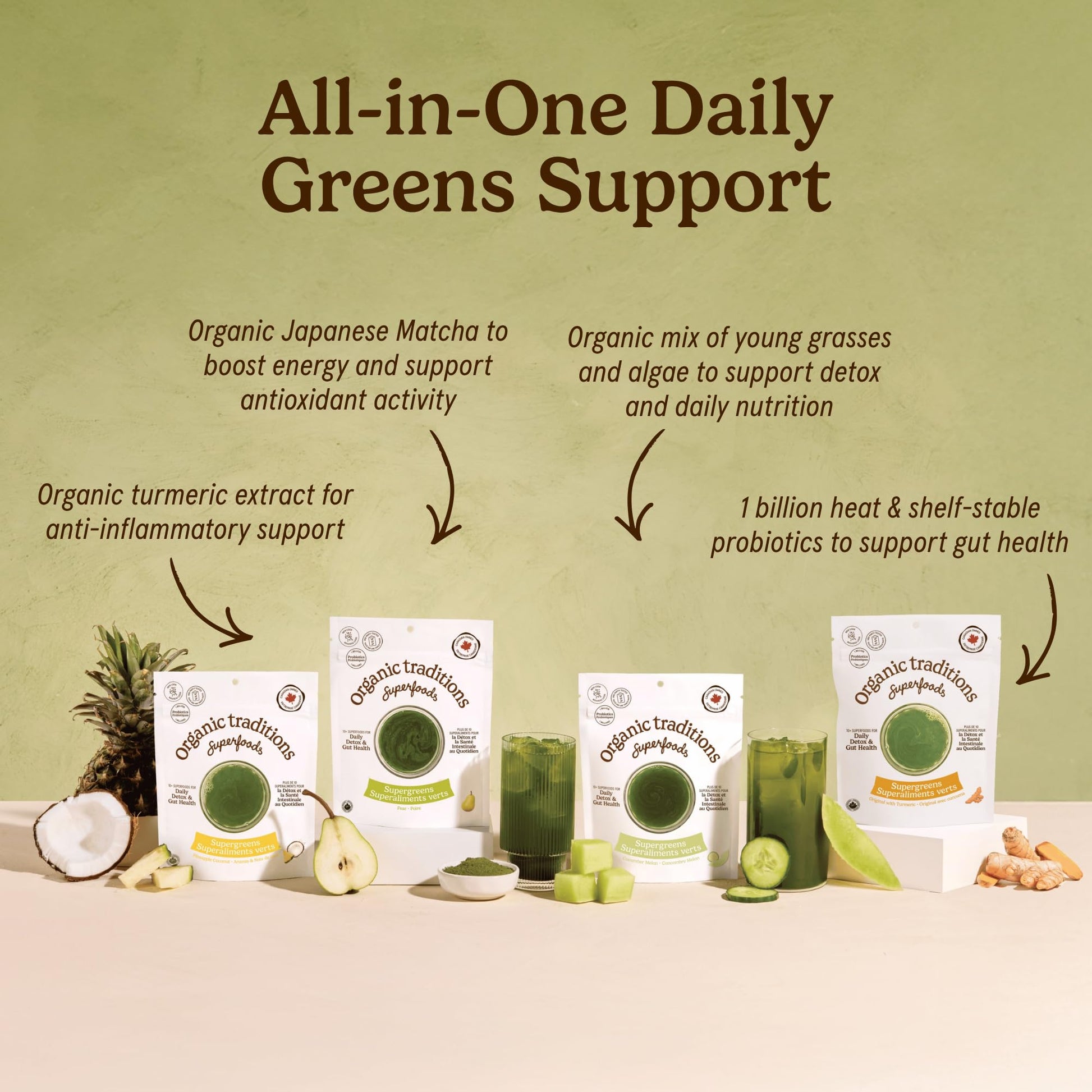 Organic Traditions Super Greens Powder with Turmeric, Organic Greens Superfood Blend with Vitamins Minerals and Probiotics, Plant Based Green Juice Mix for Smoothies and Drinks, 100g / 3.5oz Bag - PrimeBioHealth - canada supplements