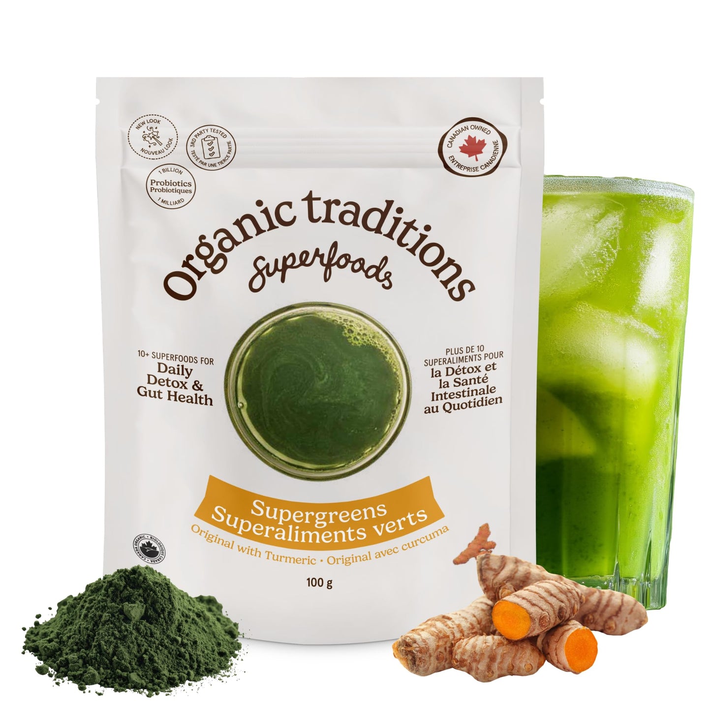 Organic Traditions Super Greens Powder with Turmeric, Organic Greens Superfood Blend with Vitamins Minerals and Probiotics, Plant Based Green Juice Mix for Smoothies and Drinks, 100g / 3.5oz Bag - PrimeBioHealth - canada supplements