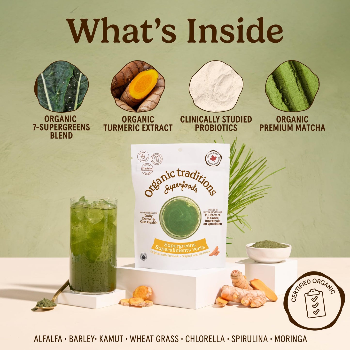 Organic Traditions Super Greens Powder with Turmeric, Organic Greens Superfood Blend with Vitamins Minerals and Probiotics, Plant Based Green Juice Mix for Smoothies and Drinks, 100g / 3.5oz Bag - PrimeBioHealth - canada supplements